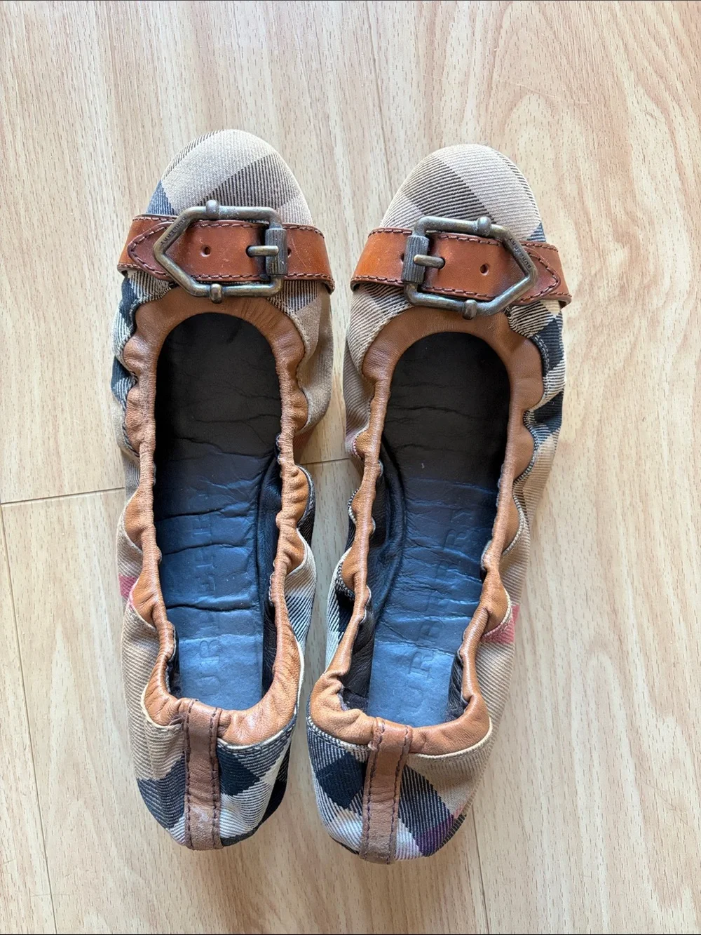 Burberry Beige Plaid Canvas Ballet Flats with Brown Leather Trim